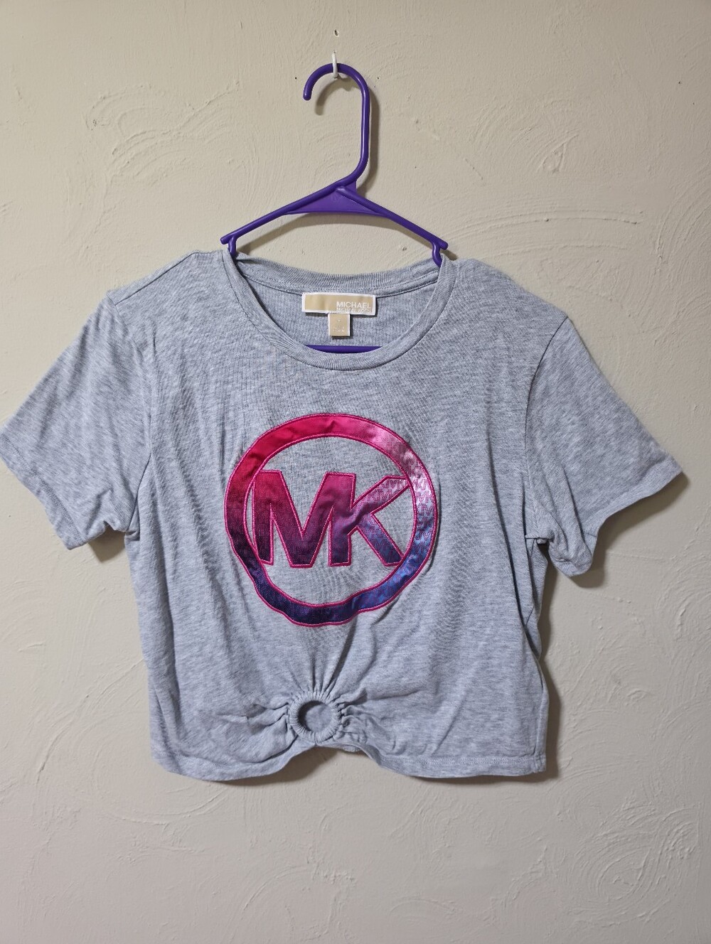 Michael Kors Heather Gray Crop Tee with Pink Metallic MK Emblem
